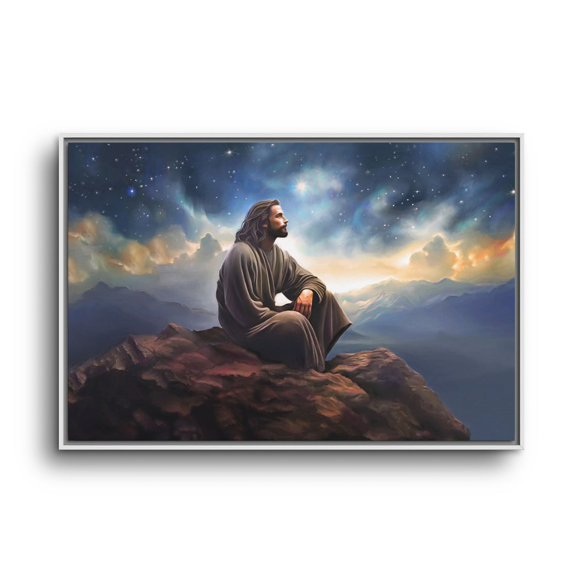 Jesus with The Stars, Canvas Print Art Framed, Jesus Christ Handmade Artwork, Deep Meditative Christian Gift