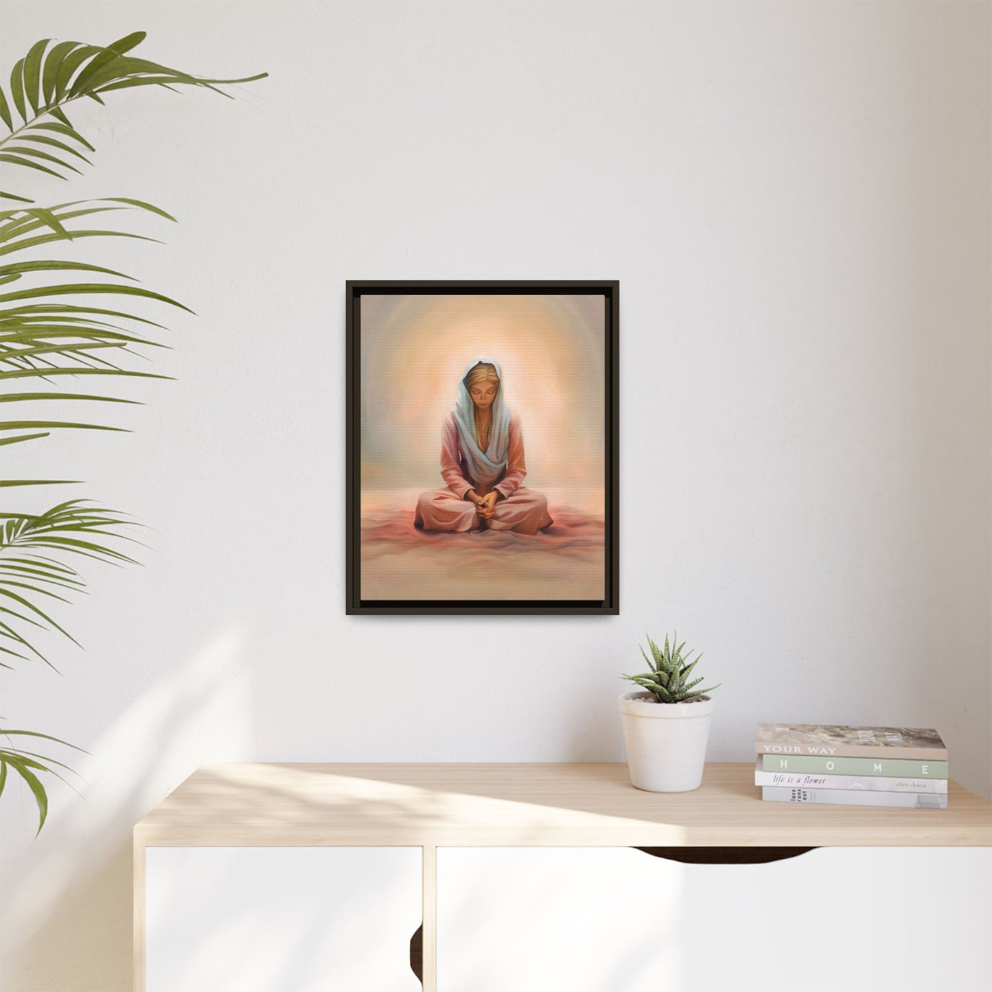 Stillness Framed Canvas Wall Art, Serene Meditation Decor, Spiritual Mindfulness Gift, Tranquil Room Accent, Woman Religious Art