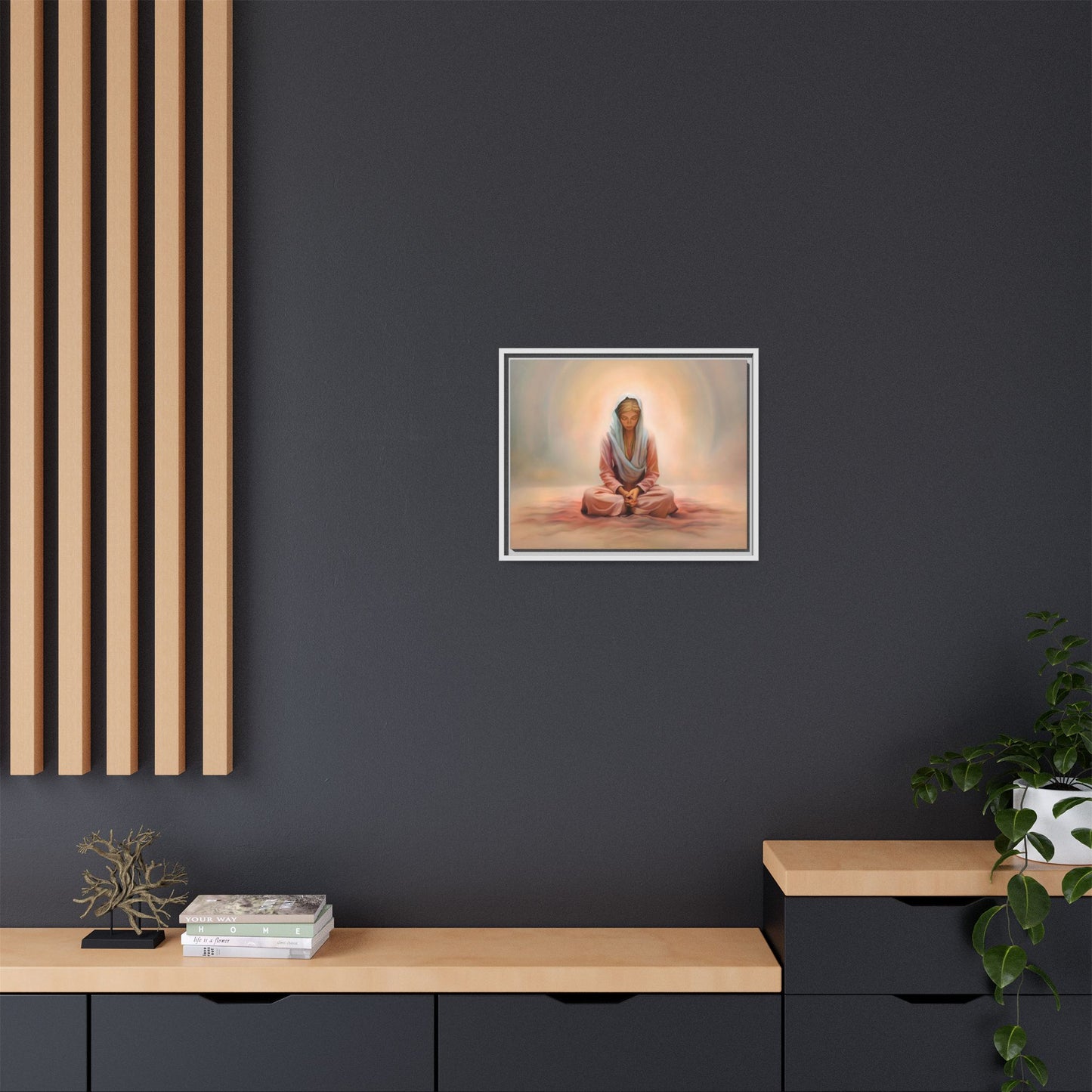 Stillness Framed Canvas Wall Art, Serene Meditation Decor, Spiritual Mindfulness Gift, Tranquil Room Accent, Woman Religious Art