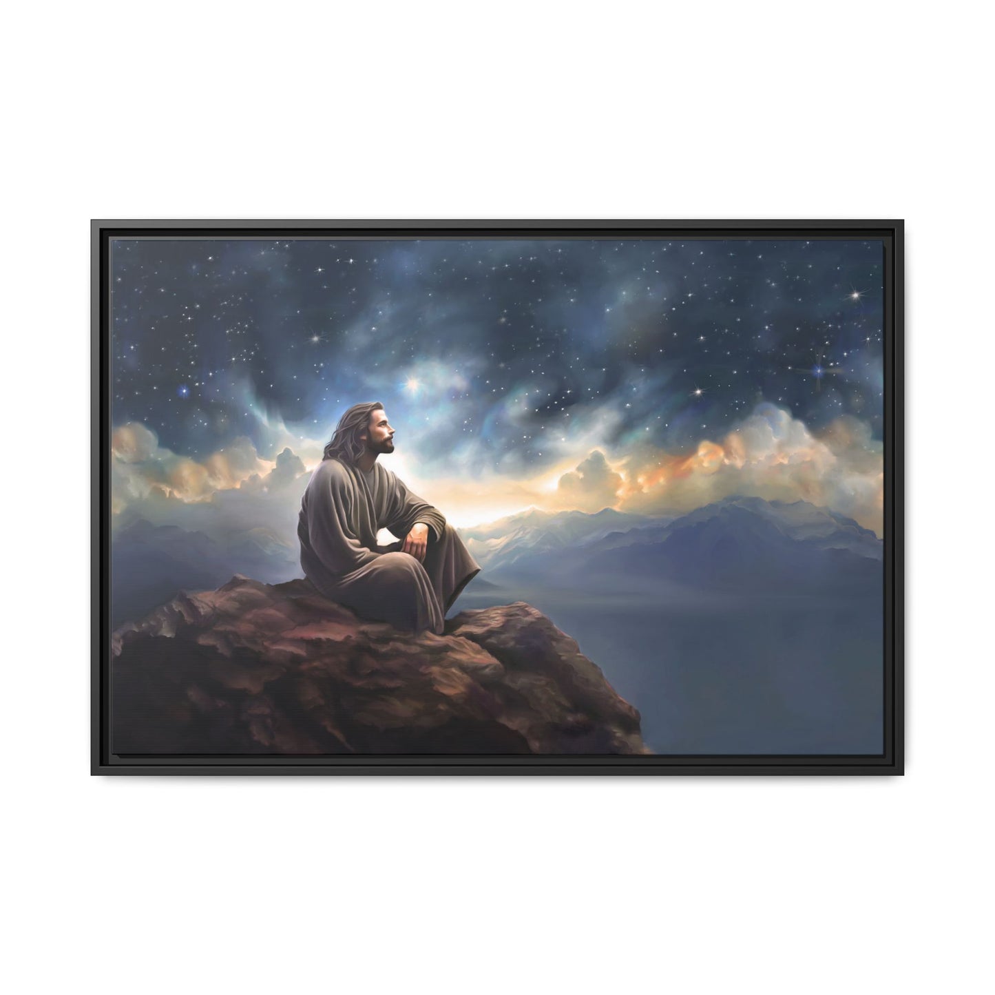 Jesus with The Stars, Canvas Print Art Framed, Jesus Christ Handmade Artwork, Deep Meditative Christian Gift