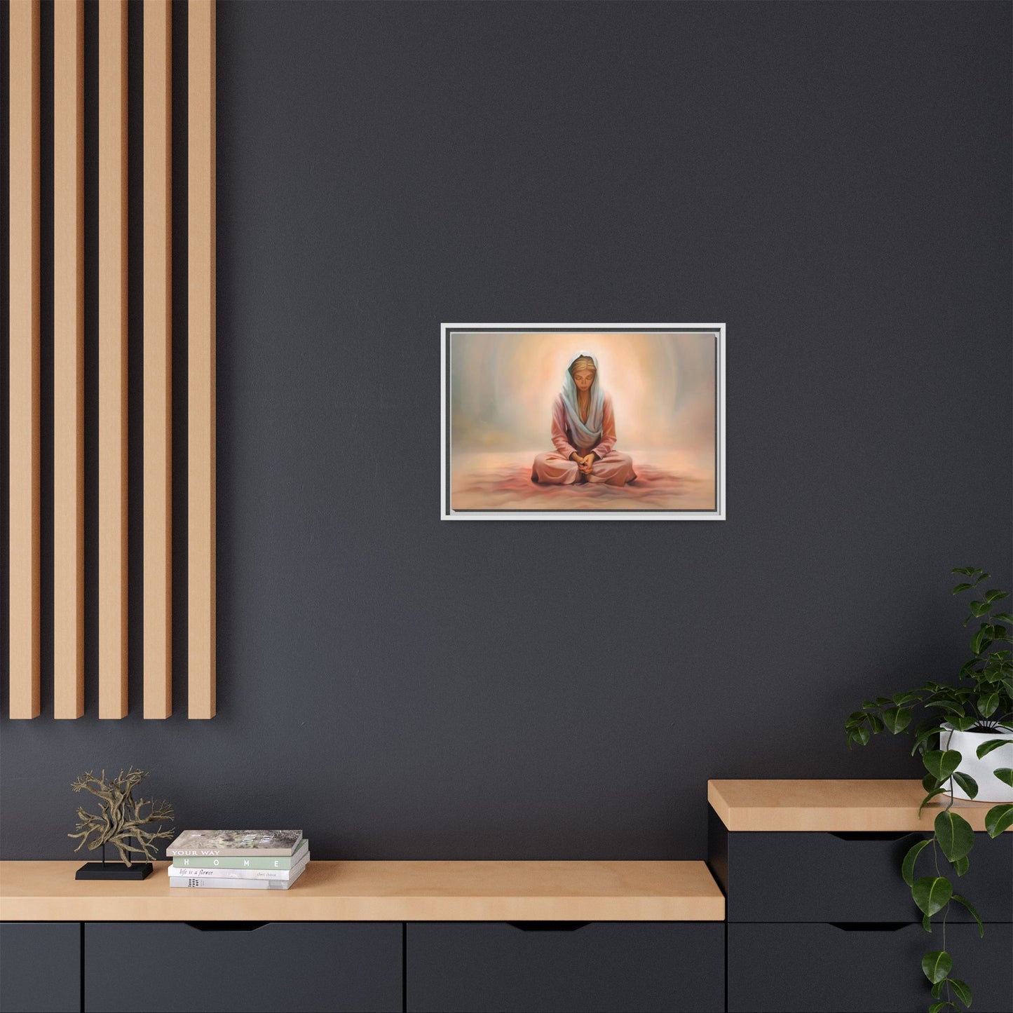 Stillness Framed Canvas Wall Art, Serene Meditation Decor, Spiritual Mindfulness Gift, Tranquil Room Accent, Woman Religious Art