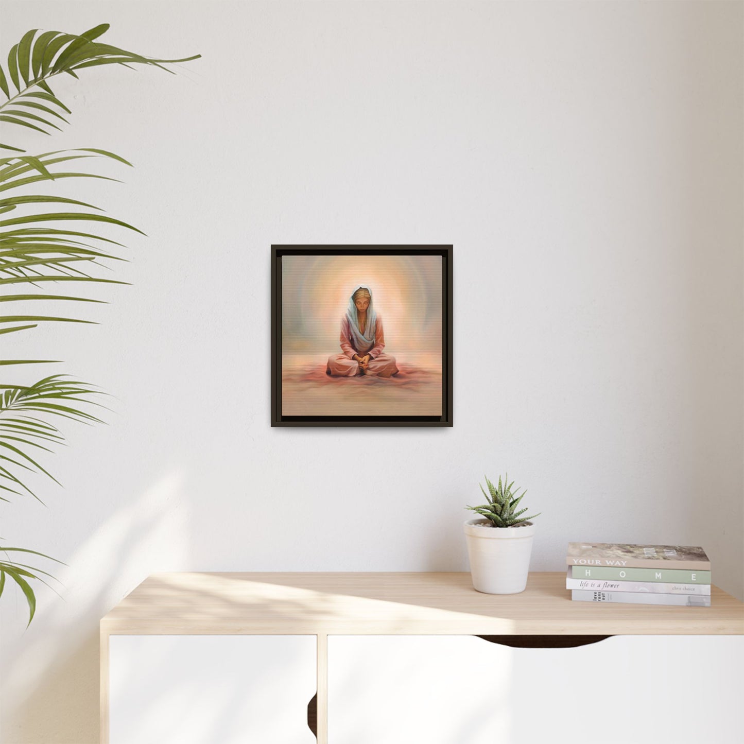 Stillness Framed Canvas Wall Art, Serene Meditation Decor, Spiritual Mindfulness Gift, Tranquil Room Accent, Woman Religious Art