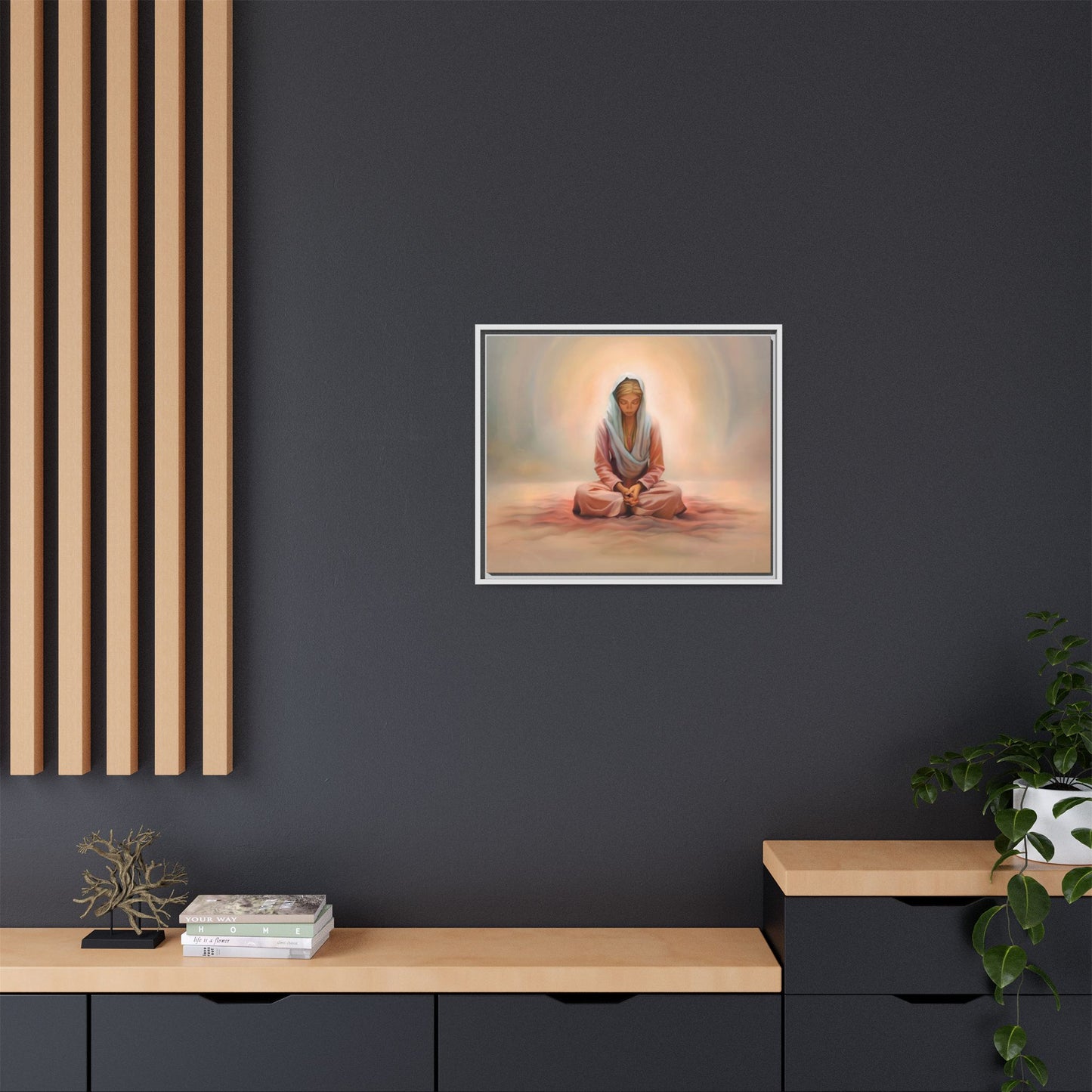 Stillness Framed Canvas Wall Art, Serene Meditation Decor, Spiritual Mindfulness Gift, Tranquil Room Accent, Woman Religious Art