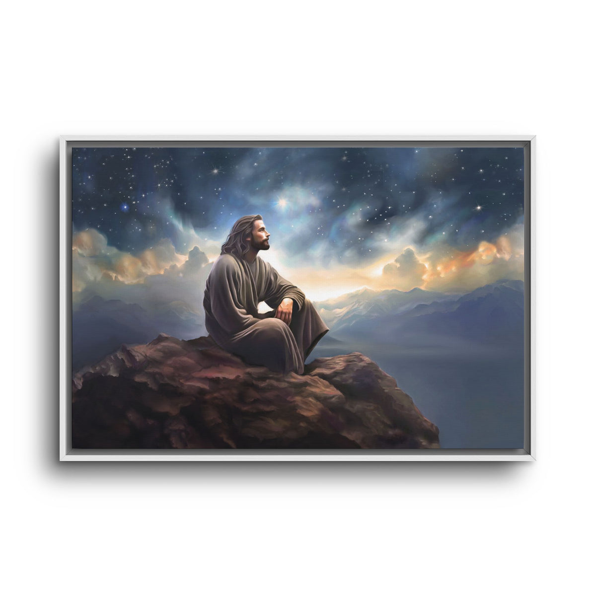 Jesus with The Stars, Canvas Print Art Framed, Jesus Christ Handmade Artwork, Deep Meditative Christian Gift