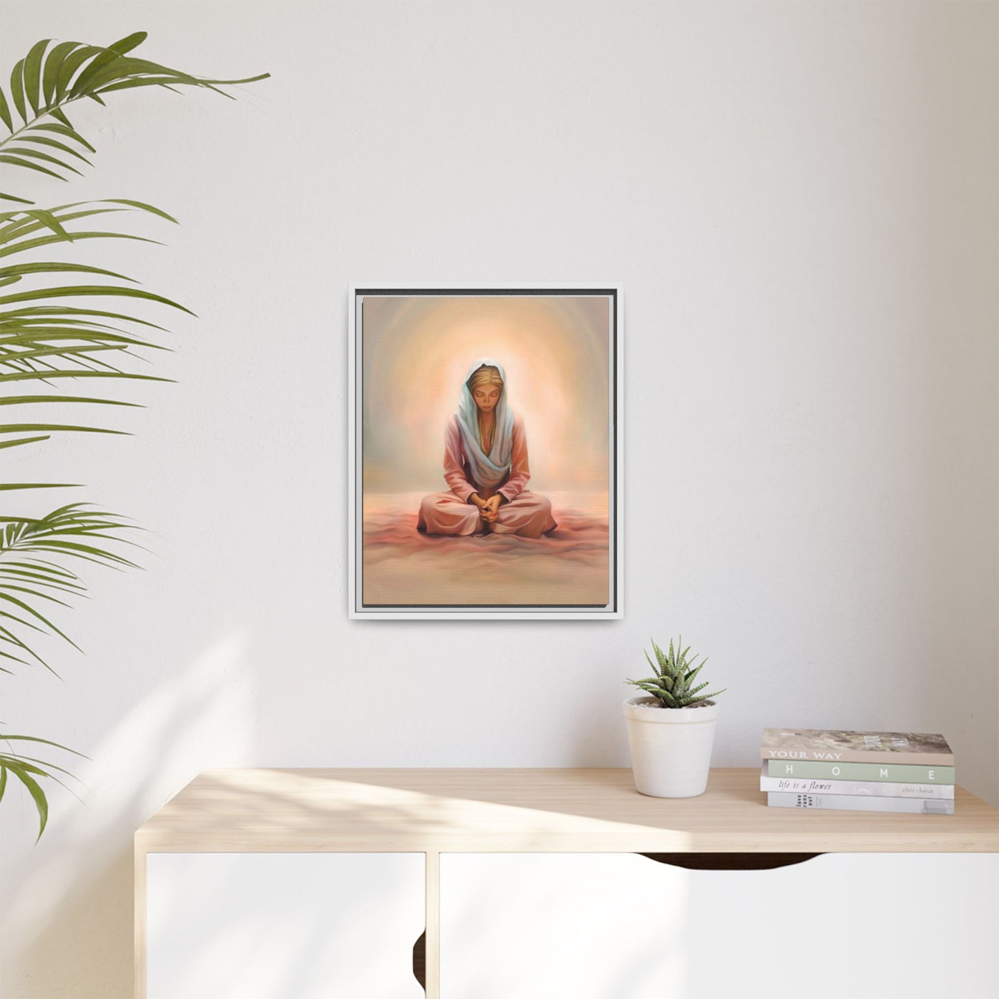 Stillness Framed Canvas Wall Art, Serene Meditation Decor, Spiritual Mindfulness Gift, Tranquil Room Accent, Woman Religious Art