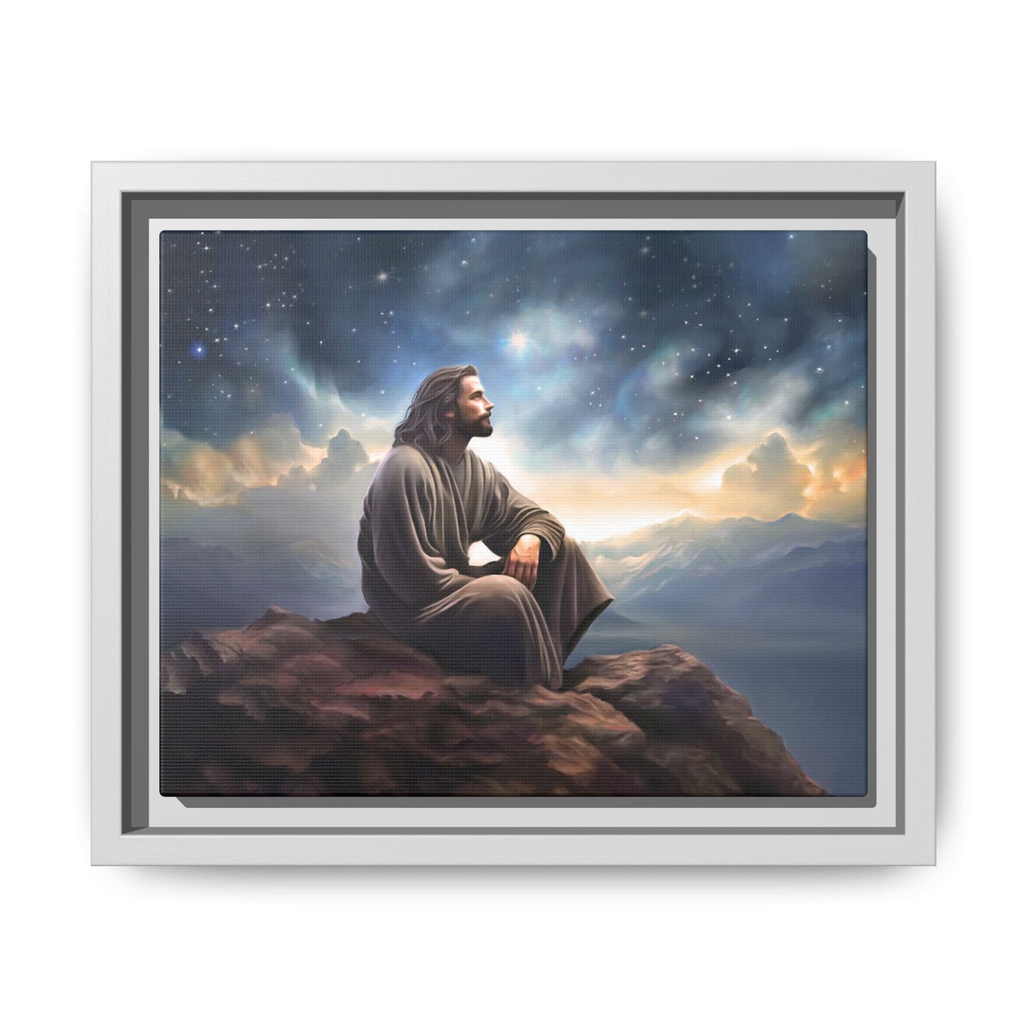 Jesus with The Stars, Canvas Print Art Framed, Jesus Christ Handmade Artwork, Deep Meditative Christian Gift