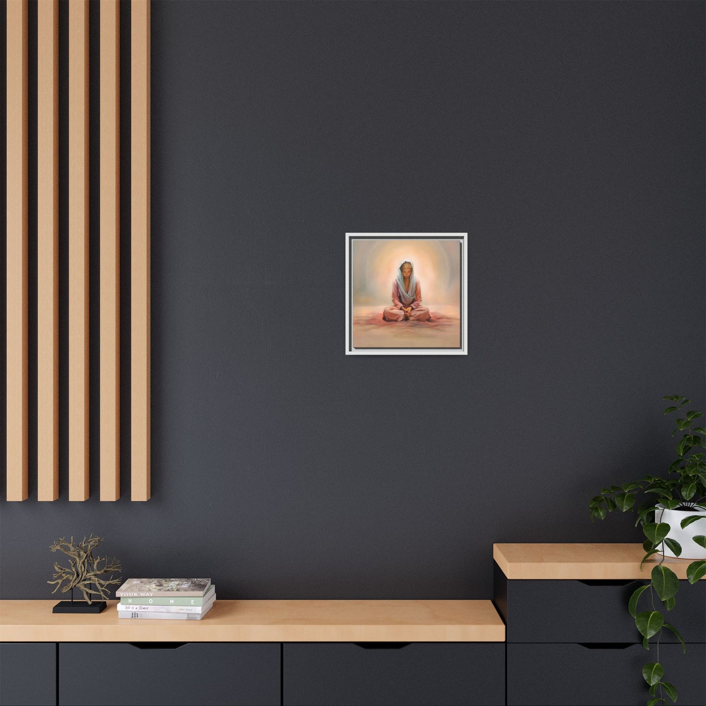 Stillness Framed Canvas Wall Art, Serene Meditation Decor, Spiritual Mindfulness Gift, Tranquil Room Accent, Woman Religious Art