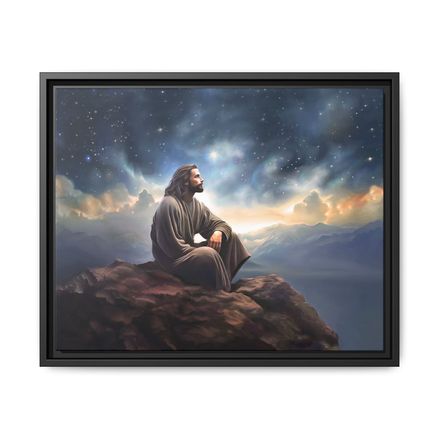 Jesus with The Stars, Canvas Print Art Framed, Jesus Christ Handmade Artwork, Deep Meditative Christian Gift