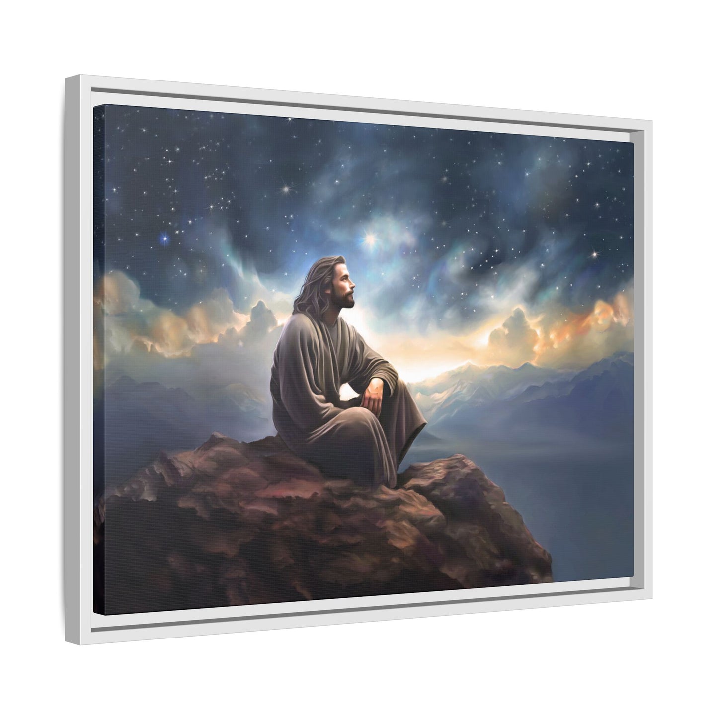 Jesus with The Stars, Canvas Print Art Framed, Jesus Christ Handmade Artwork, Deep Meditative Christian Gift
