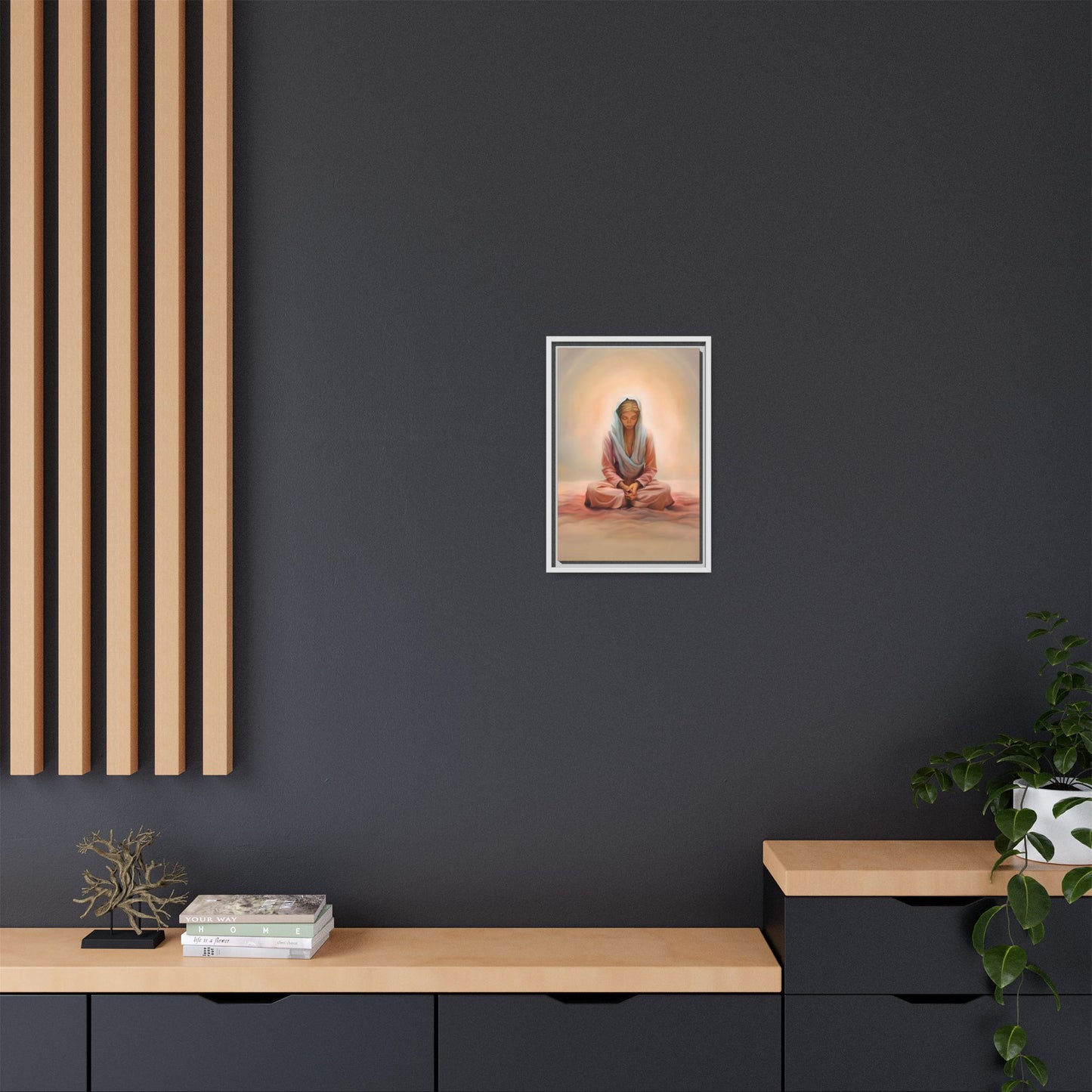 Stillness Framed Canvas Wall Art, Serene Meditation Decor, Spiritual Mindfulness Gift, Tranquil Room Accent, Woman Religious Art