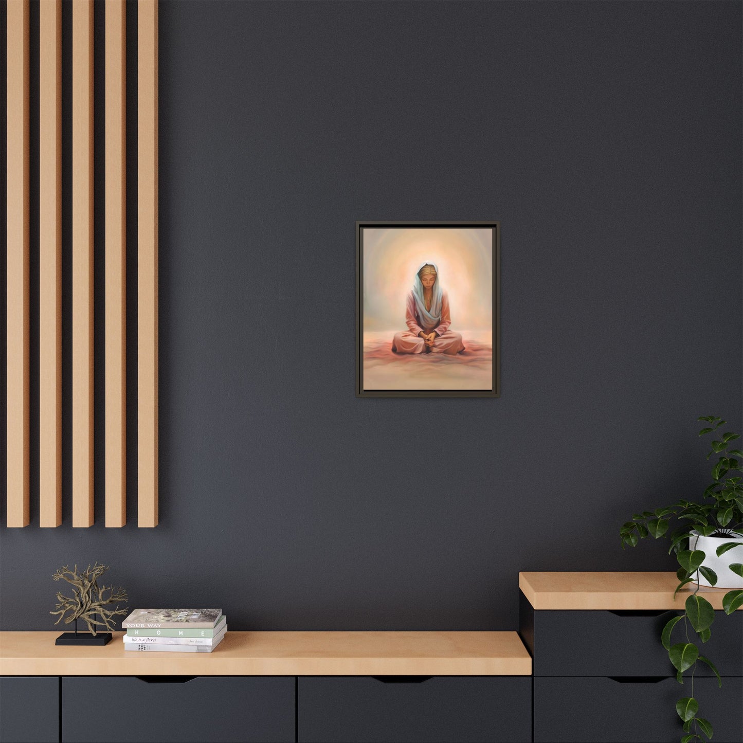Stillness Framed Canvas Wall Art, Serene Meditation Decor, Spiritual Mindfulness Gift, Tranquil Room Accent, Woman Religious Art