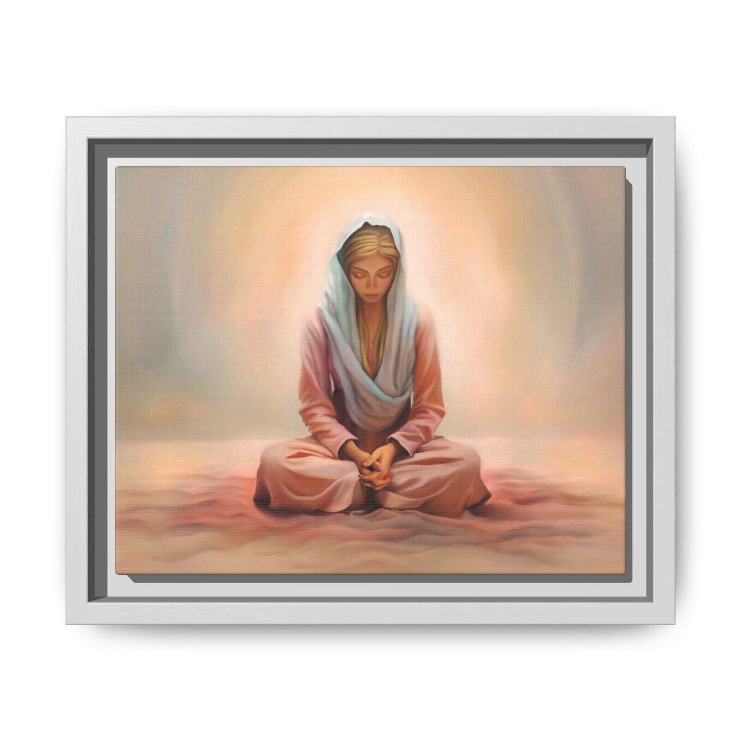 Stillness Framed Canvas Wall Art, Serene Meditation Decor, Spiritual Mindfulness Gift, Tranquil Room Accent, Woman Religious Art