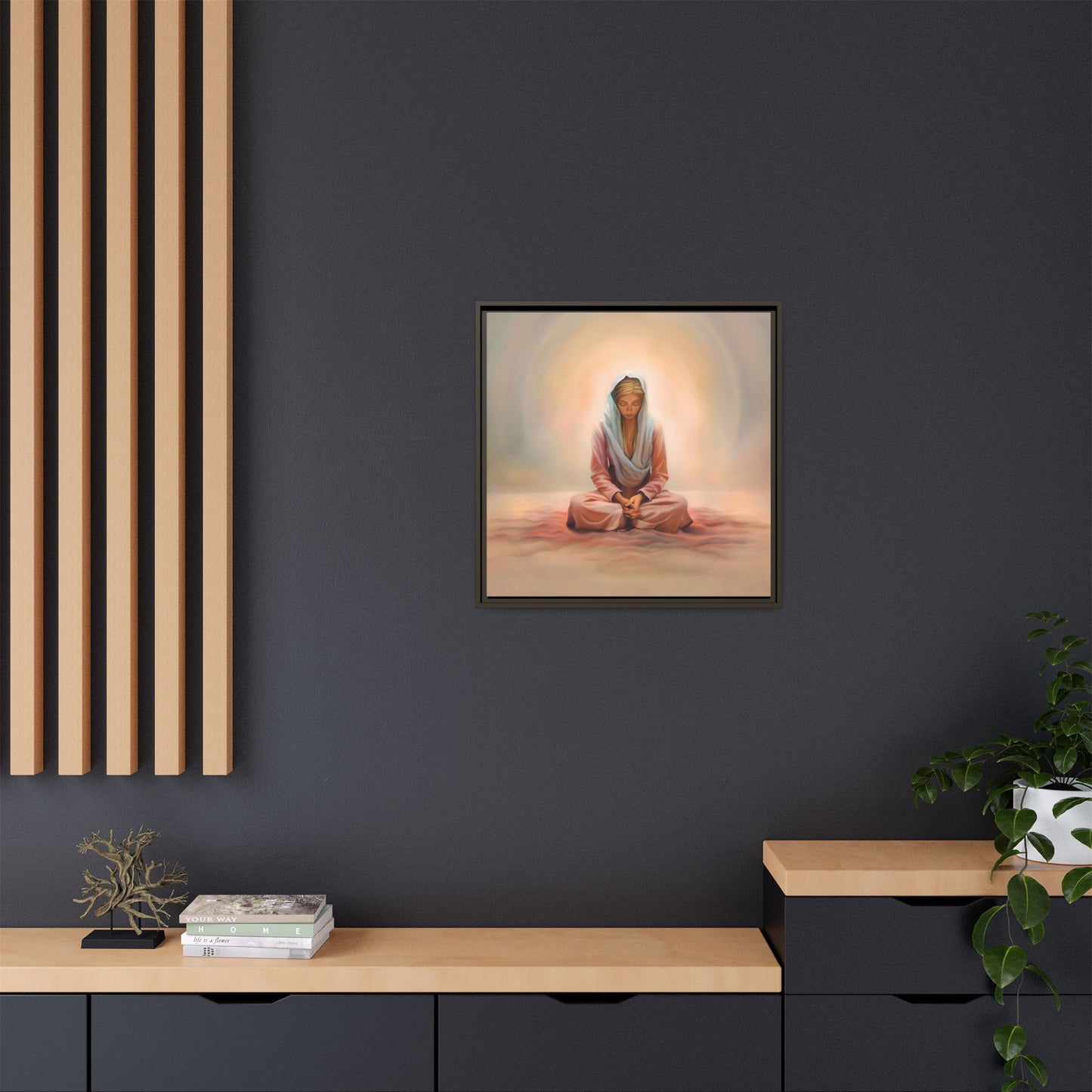 Stillness Framed Canvas Wall Art, Serene Meditation Decor, Spiritual Mindfulness Gift, Tranquil Room Accent, Woman Religious Art